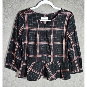 Old Navy Top Girls Size XL 14 Black Plaid Metallic Ruffle Peplum Hem Lightweight